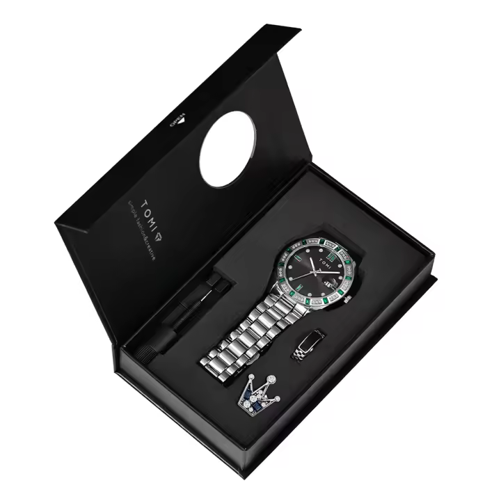 TOMI 4PCS Reloj De Negocios Para Hombre Lujo Con Caja De Regalo Caja De Diamante Calendar Correa De Acero Inoxidable Reloj De Cuarzo - 1