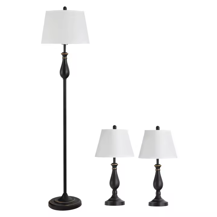 HOMCOM Set de 3 lámparas 2 lámparas de mesa (ø38 x 158H cm) + 1 lámpara de pie (ø30 x 62H cm) vintage, negro + blanco, metal, PS, poliéster, algodón Base E27 - 1