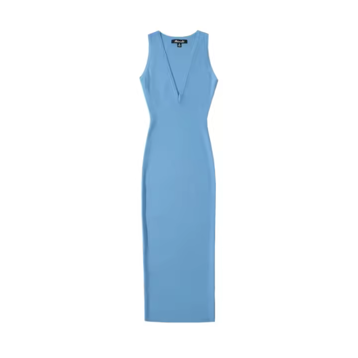 Deep V-neck sleeveless knitted vest dress for women's retro elastic slim fit solid color buttocks wrapped mid length skirt in summer - 1