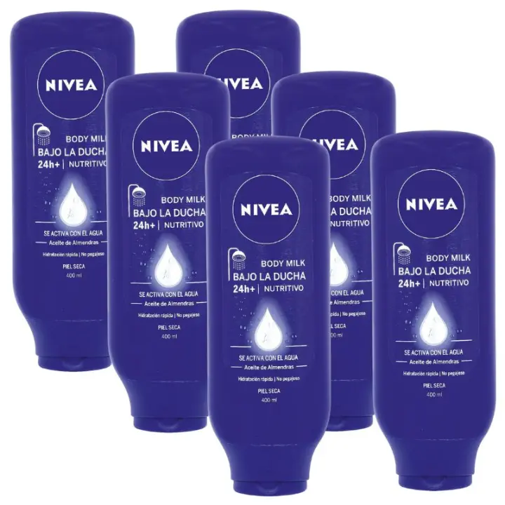 NIVEA Bajo la Ducha Body Milk Nutritivo – Pack de 6 x 400 ml | Leche Hidratante con Aceite de Almendras para Piel Seca - 1