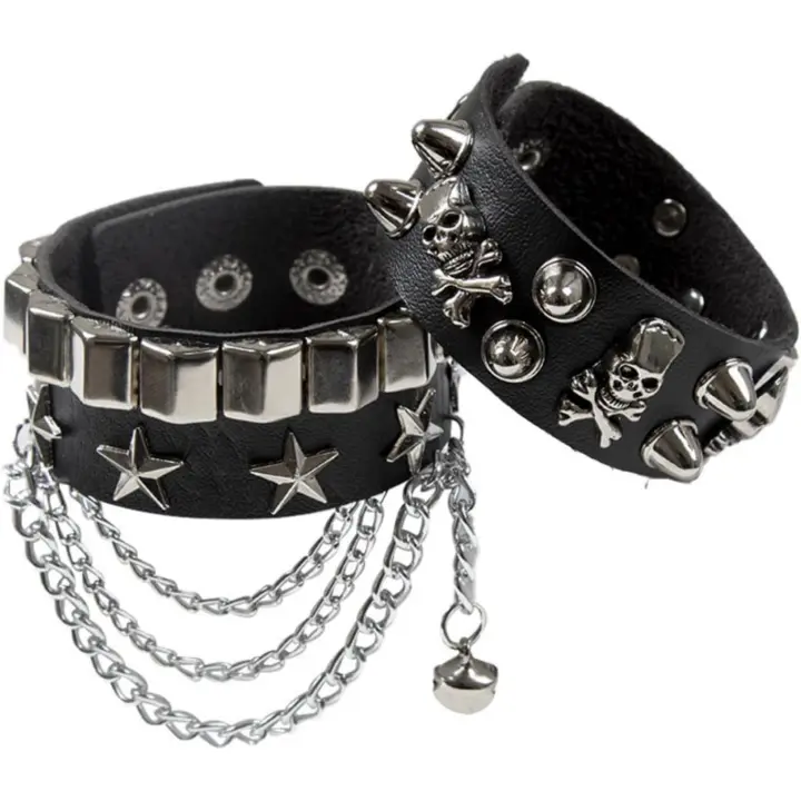 Pulseras de Punk de Cuero, Punk Pulsera Punk Brazalete 80 de Rock Gótico de Unisex Muñequeras,para Regalos Recuerdos Fiesta Halloween Accesorios - 1