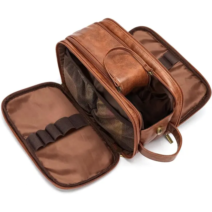 Travel Toiletry Bag for Men Small PU-Leather Wash Bag Shaving Dopp Kit Bathroom Water-Resistant Makeup Cosmetic Case for Toiletries Organizer Brown - 1