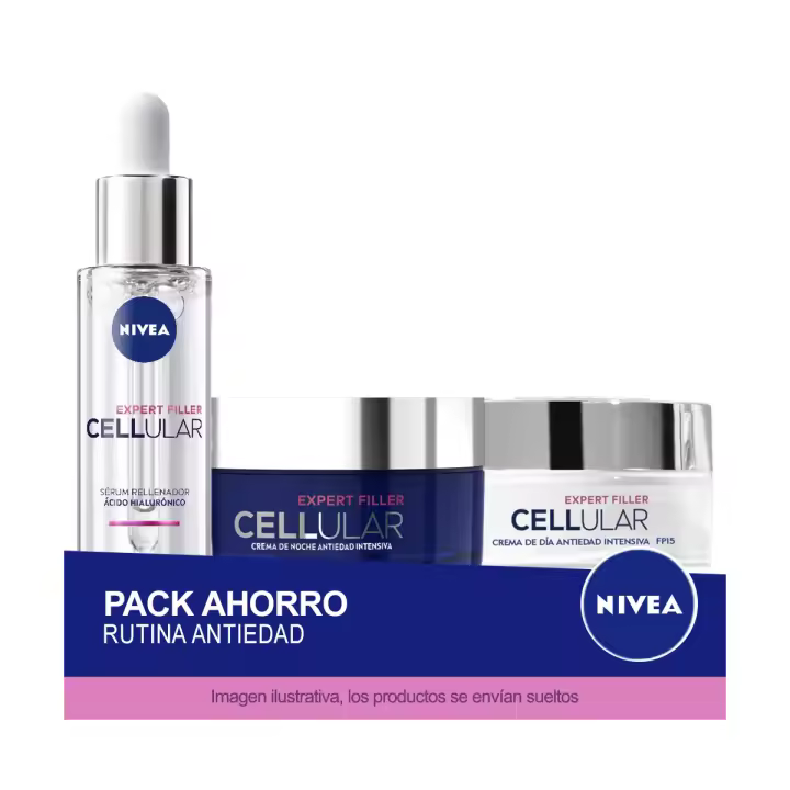 NIVEA ANTIEDAD CELLULAR EXPERT FILLER Pack ahorro cuidado facial - Contiene crema de día, crema de noche y sérum de ácido hialurónico - 1