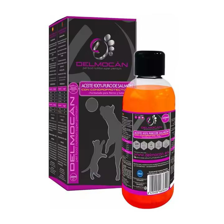 DELMOCAN Aceite de salmón 250ml - Condroprotectores 5.000 mg/l - Pelo Brillante, Piel Saludable - Alimentos para Perros - 1