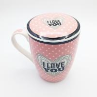 Taza infusión de cerámica Kozina con filtro de acero inoxidable rosa con lunares blancos y la frase "I LOVE YOU" 300 ml con tapa para mantener la temperatura - ideal para regalo no solo es una pieza decorativa sino un utensilio práctico para el día a día - details 1