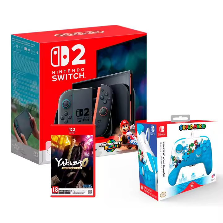 Nintendo Switch 2 Consola + Mario Kart World + Yakuza 0 Director's Cut - Import EU - Switch 2 + Rematch Wired Controller - 1