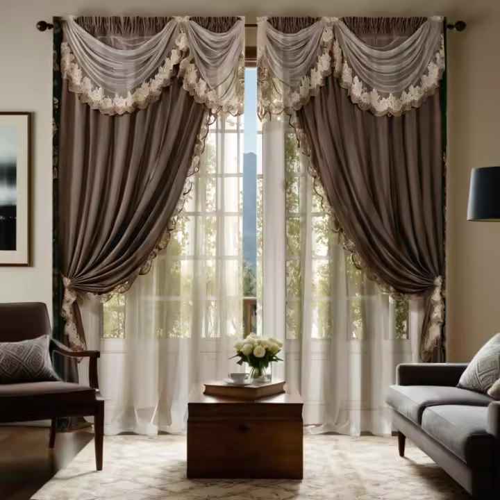 Conjunto De 2 Piezas Cortina Vintage Bordada En Color Marrón HD Para Decoración De Hogar Estilo Clásico Para Sala De Estar Y Dormitorio - 1