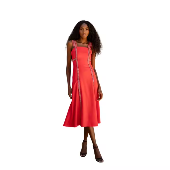 Vestido Mesina Midi, Color Rojo, Tejido Rústico, Cremallera Invisible, Con Detalles, Vestidos de Invitada de Boda o Eventos Especiales, Diseño Elegante, de Fiesta, Entallado, Favorecedor - Cayma Closet - 1