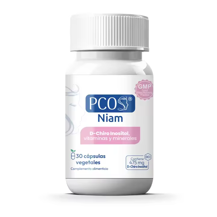 PCOS NIAM  D-Chiro Inositol para SOP  Con Ácido Fólico, Biotina, Vitamina B12, B6 y D3  Suplemento Ovarios Poliquísticos  Regulación Hormonal  30 Cápsulas  1 Mes - 1