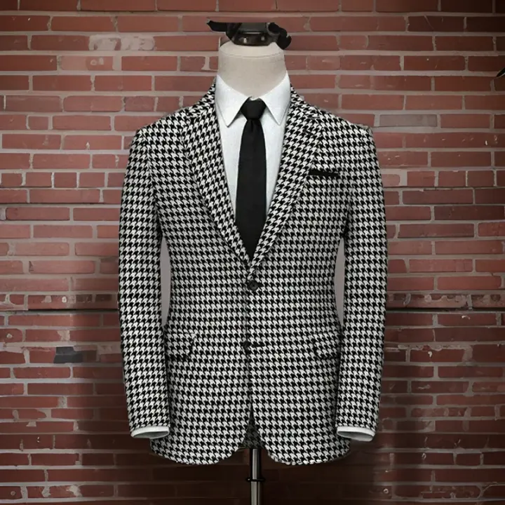 Chaqueta De Chequera Para Hombre Slim Fit Con Abertura Lateral Traje Completo Houndstooth Casual Cierre Único Longitud Regular - 1