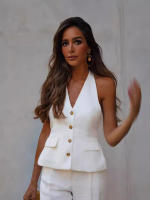 Conjunto De Traje Para Mujer TRAF Con Cuello Colgante Y Chaqueta De Botones Estilo Inglés Pantalones De Cintura Alta Casual - details 6