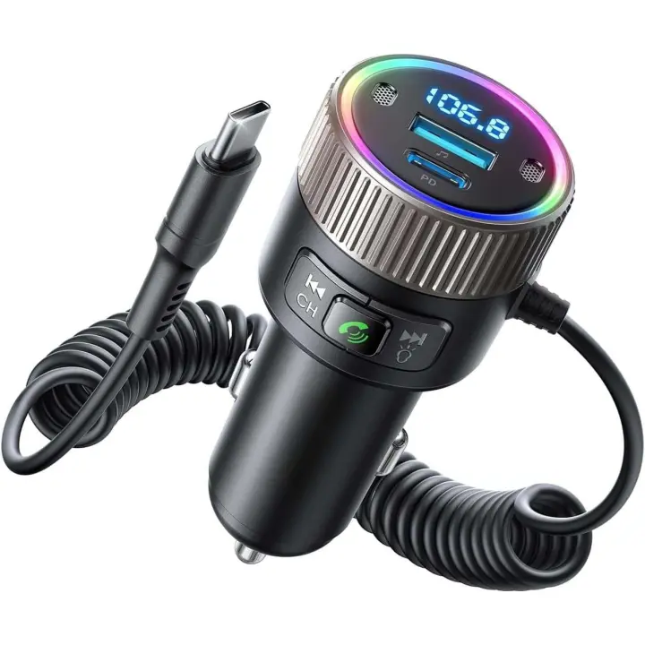 2024 Último adaptador Bluetooth 5,4 Para Coche de 60 W [PD 30 W y cable expiral USB-C de 30 W] Transmisor FM para REPRODUCTOR DE Música Hi-Fi para Coche, Llamadas Manos libres, microfono dual, luz LED, disco U - 1
