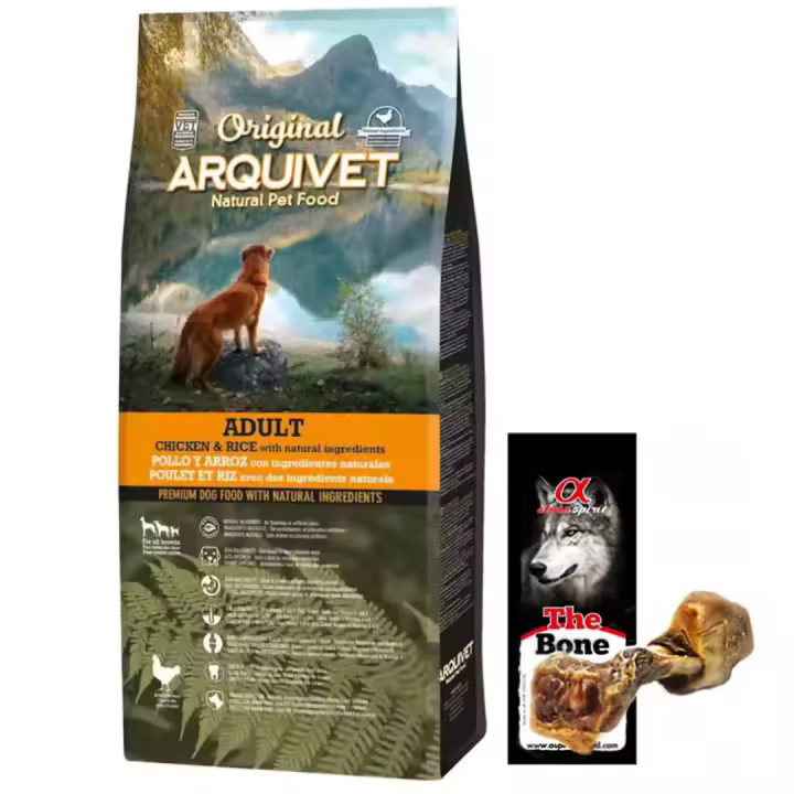 Pienso para Perros Original Adult + Hueso de jamon - Adultos - Pollo y arroz - Comida para Perros - Alimento seco para Perros - Alimentación Canina - Pienso Saludable Arquivet - 1