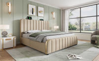 Cama tapizada Cabecero tapizado Doble with Rayas Decorativas Doradas y Carga USB Type-C 160*200 cm, material de lino beige con 4 cartones, capacidad de carga de 200 kg (sin cojín). - details 1