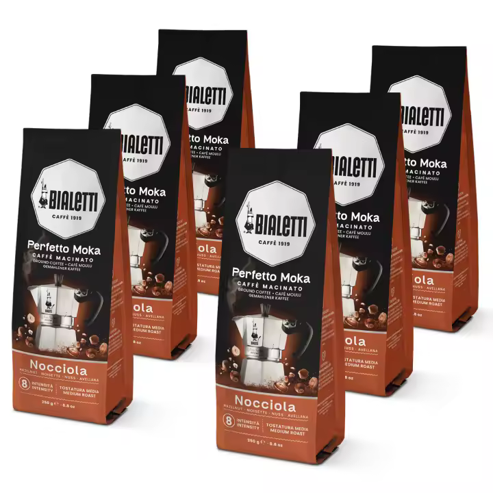 Bialetti Café Molido Italiano - Perfetto Moka: Clásico, Intenso, Vainilla, Avellana, Chocolate, Descafeinado y Delicato -  6 paquetes de 250 gr cada uno (1,5 kg)  Café de alta calidad - 1