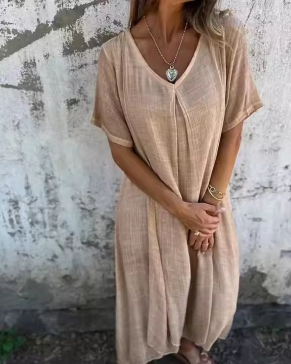 Falda Casual De Verano Manga Larga Cuello V Color Sólido Algodón Y Lino Ajuste Suave Vestido Midi Para Mujer - 1
