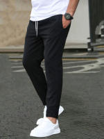 Pantalones Casuales Para Hombre De Color Sólido Con Cinturón Ajustable Y Bolsillos Estilo Regular Y Moda Pantalones Largos De Polyester - details 9