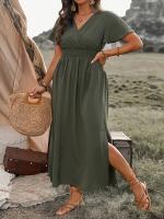 Vestido Casual De Verano Para Mujer 2024 AliExpress Con Cuello En V Manga Corta Y Abertura Midi De Poliéster Estilo Europeo Y Americano - details 8