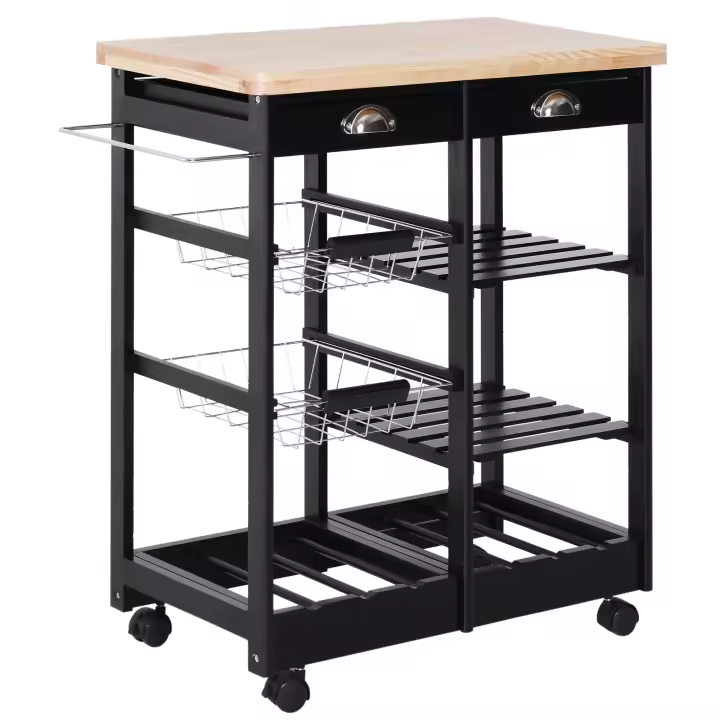 HOMCOM Carro de Cocina Carrito de Servir Multiusos Estantería Carrito Auxiliar con Ruedas para Baño Dormitorio con Estante Cajón Armario 74x37x76cm Negro - 1