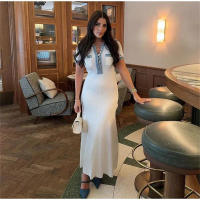 Vestido Maxi De Punto Elegante Para Mujer Con Cuello Redondo Y Manga Corta Botones Metálicos Ajustado Para Oficina Y Viajes - details 0