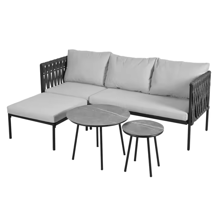 Juego de muebles de Jardín, juego de Esquina, sofá + 2 mesas de café + reposapiés, Malla de Cuerda Gruesa, Mesa de Vidrio con surface de Mármol, para Jardines, piscinas y otras áreas al Aire Libre, Gris - 1