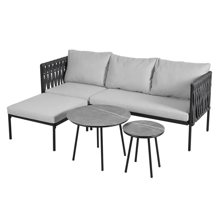 Juego de muebles de Jardín, juego de Esquina, sofá + 2 mesas de café + reposapiés, Malla de Cuerda Gruesa, Mesa de Vidrio con surface de Mármol, para Jardines, piscinas y otras áreas al Aire Libre, Gris - 1