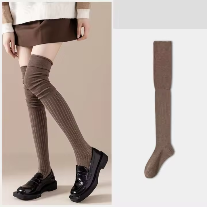 Medias Altas Hasta La Rodilla Para Mujer Algodón Y Poliéster Espesas Para Otoño E Invierno Medias De Punto Con Rayas Verticales Y Colores Sólidos - 1