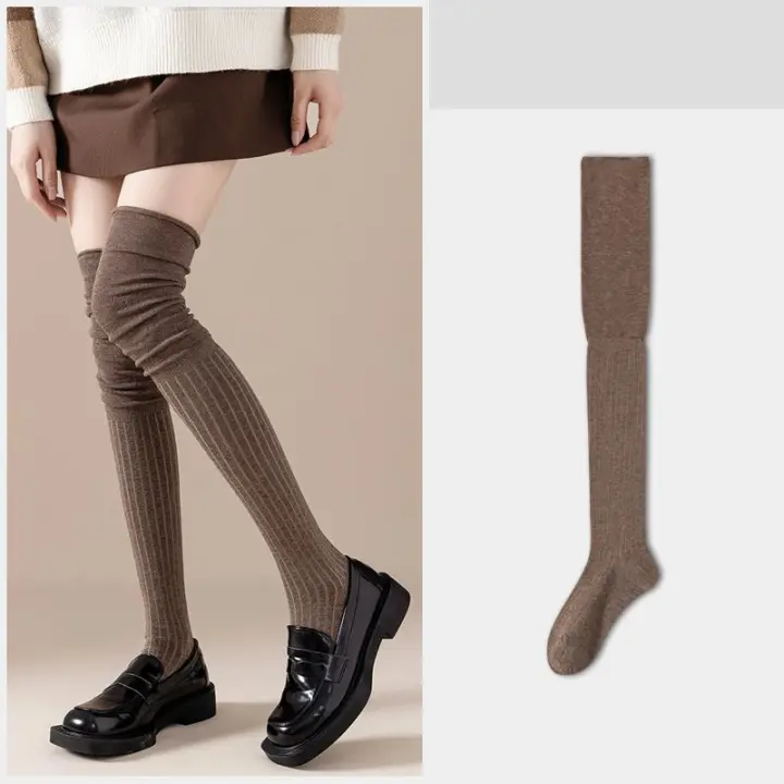 Medias Altas Hasta La Rodilla Para Mujer Algodón Y Poliéster Espesas Para Otoño E Invierno Medias De Punto Con Rayas Verticales Y Colores Sólidos - 1