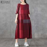 Vestido Midi De Lino Y Algodón ZANZEA Para Mujer Estilo Vintage Cuadros Manga Corta Cuello Redondo Vestidos Casual Verano Con Bolsillos Longitud Hombro a Hombro - details 5