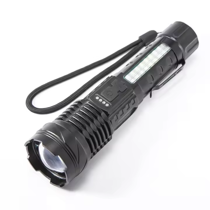 Nueva linterna láser blanca para exteriores con zoom de largo alcance, luz lateral de advertencia roja y azul, linterna LED multifunción - 1