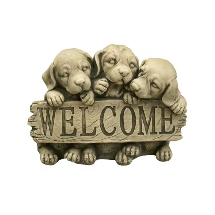 Escultura de Piedra Welcome Perros 32x20x26cm - AnaParra - Fabricada en España - Figura de Jardín y Decoración para Exteriores - 1