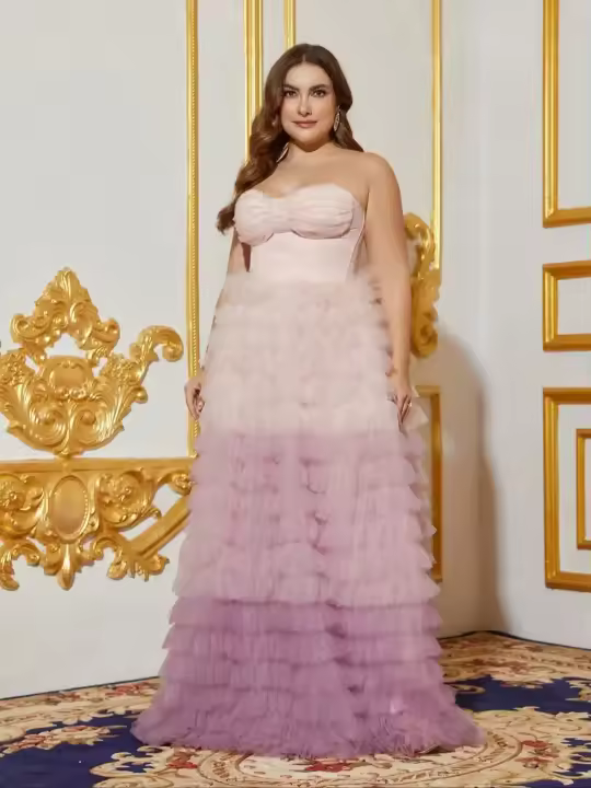 Vestido De Fiesta Tubo De Malla Con Encaje Y Ombre plus Size Para Mujer Sin Cintura Estilo Exquisito Para Eventos De Noche - 1