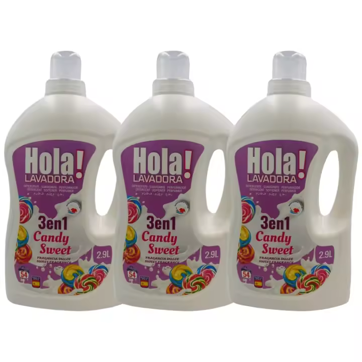 DETERGENTE HOLA LED LAVADORA 3 EN 1, EL DETERGENTE MAS VITAL EN PACK DE 3 - Candy Sweet + Coconut + Fresa y Nata - combina las funciones de detergente, suavizante y perfumador. Apto para prendas blancas y de color ahorra comprando 3 combina como quieras - 1