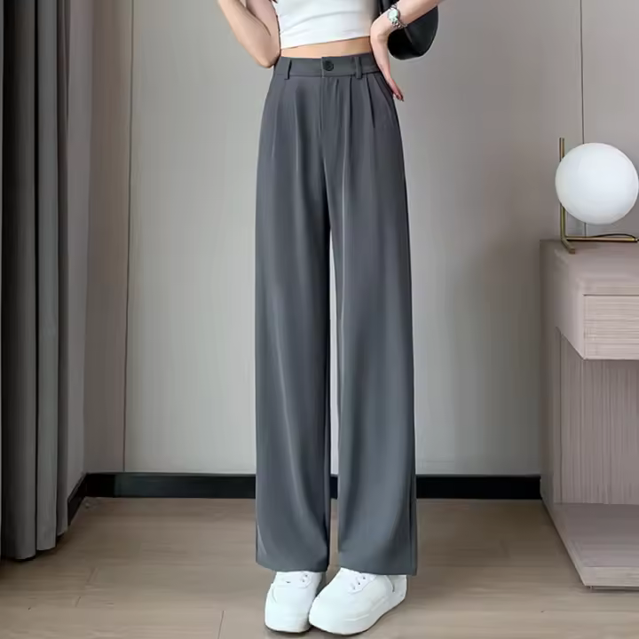 Pantalones De Sastre Para Mujer Cintura Alta Manga Larga Color Sólido Estilo Clásico Para Oficina Pantalones Rectos Y Anchos Basicos - 1
