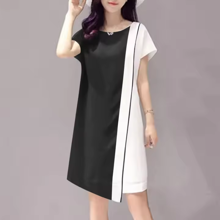 Vestido Mini De Color Bloque ZANZEA Para Mujer Estilo Casual Asimétrico Sólido Moda Verano Manga Corta Vintage Con Costuras - 1