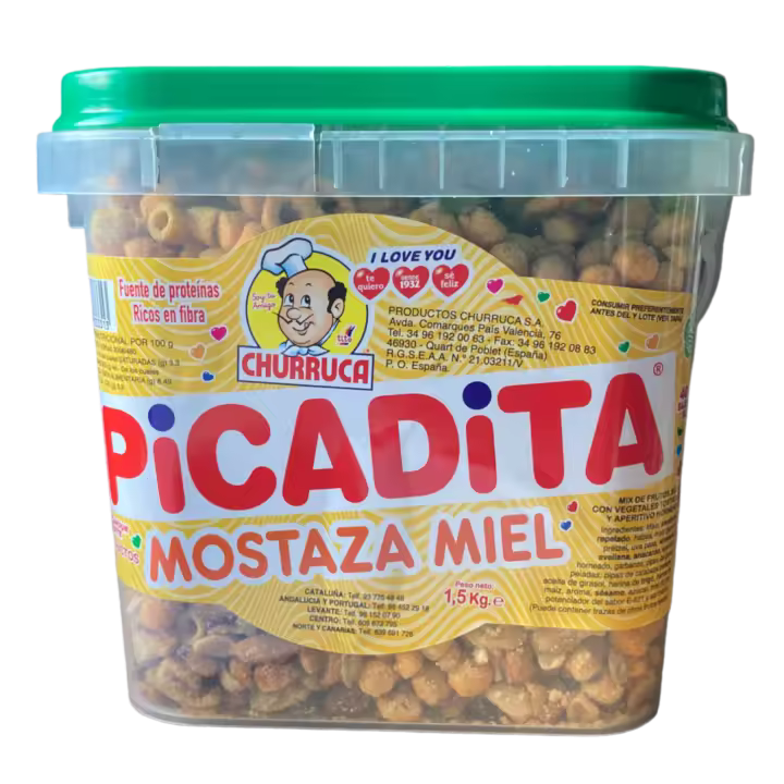 Churruca Picadita Mostaza y Miel Cubo 1,5 kg Mix de Frutos Secos con Cereales Tostados y Aperitivo Horneado - 1