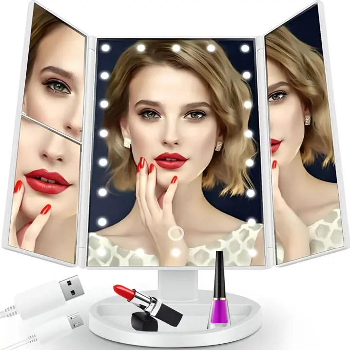 Espejo cosmético LED, Espejo de maquillaje, Espejo plegable Iluminado con iluminación, Espejo de Mesa with increate 2X 3X, Espejo de augmentation - 1