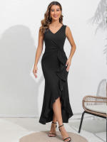Vestido Formal De Noche Para Mujer Largo Negro Vestido De Boda Para Invitadas Y Novia Sin Mangas Cuello En V Plegado Alineado - details 4