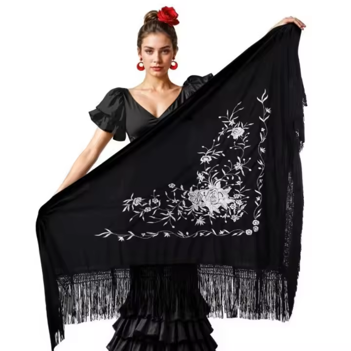 Mantón negro bordado blanco rojo oro para fiesta carnaval - 1