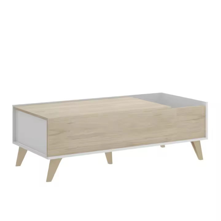 Dekit Mesa de Centro Elevable NESS con Hueco Revistero y Compartimento Cerrado - Blanco / Natural 41x99x60 - 1