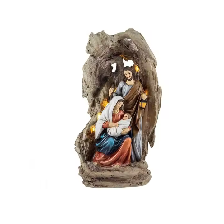 Misterio Nacimiento Belén con Luz figura Navidad 31cm. cueva San José Niño Jesús Virgen María resina - 1
