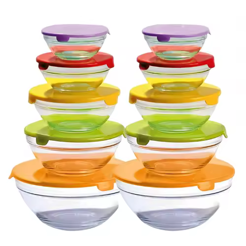 LILI HOME 🔹 Pack de Boles de Cristal con Tapa🔹 ¡OJO! CON EL TAMAÑO: 900 ml Ø17 cm, 500 ml Ø14 cm, 350 ml Ø12 cm, 200 ml Ø10 cm y 150 ml Ø9 cm. Vidrio de alta calidad para uso prolongado. Tapas seguras para el contacto con alimentos. - 1