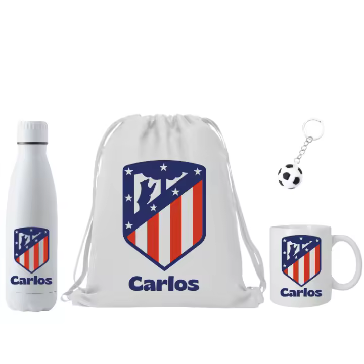 Atlético de Madrid - Mochila + Botella termo + taza (DEJAR NOMBRE EN CHAT O NOTAS) Escudo del Atletico Madrid + nombre - Regalo para hombre o mujer o niño - 1