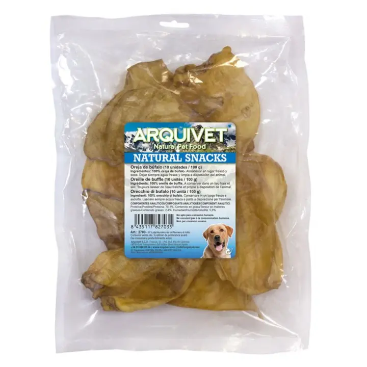 Oreja de bufalo deshidratadas - Bolsa 10 uds - Snacks 100% Natural para Perros - Chuches, premios, recompensas, golosinas, chucherías para Perros - Snack Ahumado - Higiene Dental - Arquivet - 1