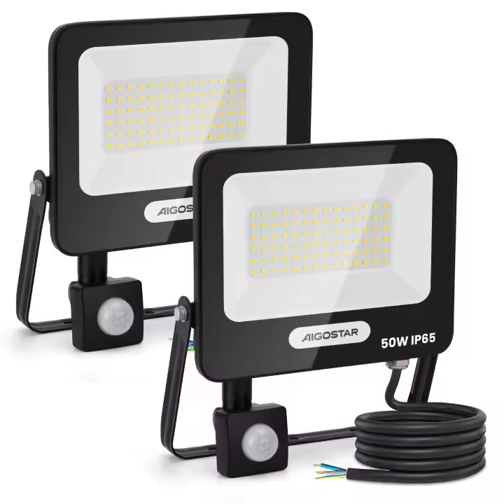 Aigostar 50W Foco LED Exterior con Sensor Movimiento PIR,2 piezas,4600LM Super Brillo Proyector LED, IP65 Impermeable,Blanco Natural 4000K,Luz de Seguridad para Interior,Jardín,Patio,Garaje - 1