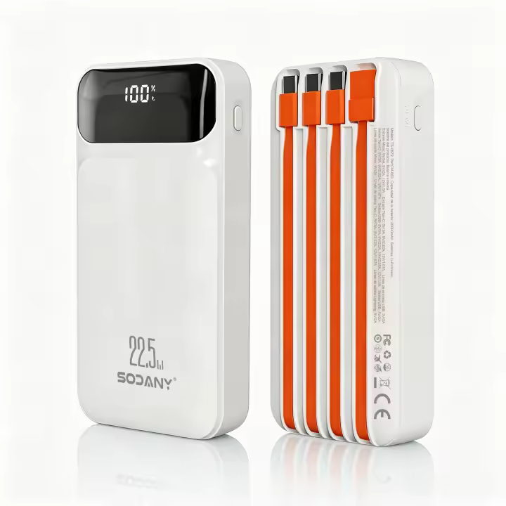 Sodany Batería Externa 20000mAh 22.5W Carga Rápida 4 Cables Integrados Pantalla LCD Digital Inteligente Power Bank Blanca - 1