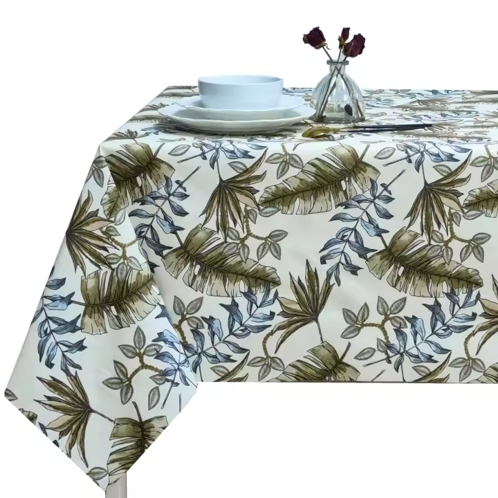 Mantel Rectangular de Tela Antimanchas, Fácil de Limpiar y Lavable, Ideal para Interiores y Exteriores, Impermeable , Hojas de Palmera en Tonos Azules - 1