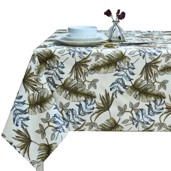Mantel Rectangular de Tela Antimanchas, Fácil de Limpiar y Lavable, Ideal para Interiores y Exteriores, Impermeable , Hojas de Palmera en Tonos Azules - 1