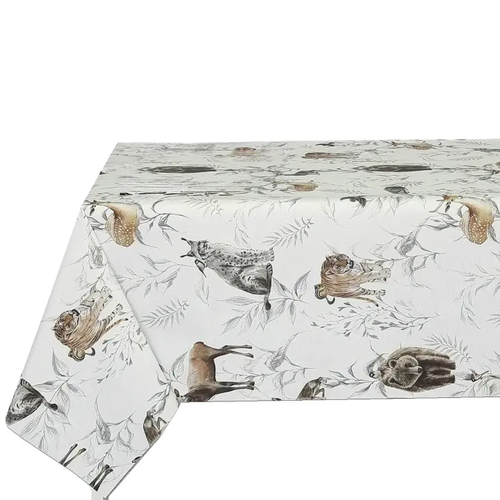 Mantel antimancha digital, Mantel lavable, Impermeable, Tela algodón, Para mesa rectangular, Ideal para hogar,  Estilo moderno, Animales,Fondo blanca marfil,  Ancho 137cm，DM125 - 1