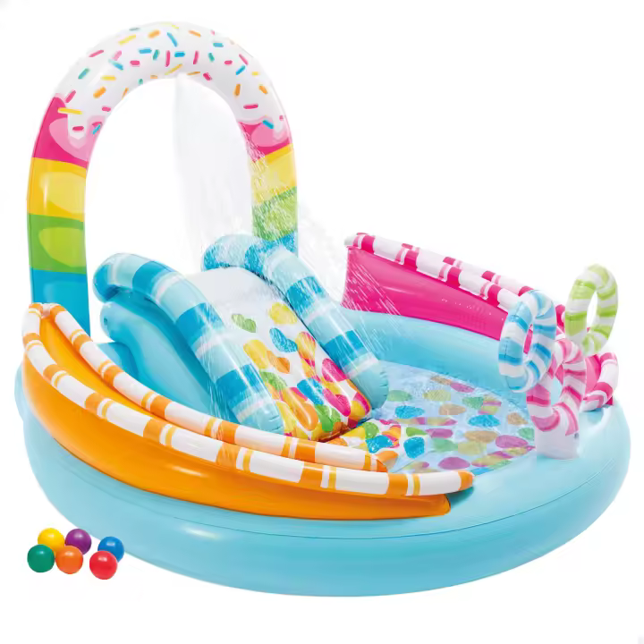 Piscina hinchable infantil INTEX Juegos de golosina con tobogán, para mayores de 2 años, capacidad de 165L y base acolchada, medidas 170x168x122cm, incluye parche de reparación - 1